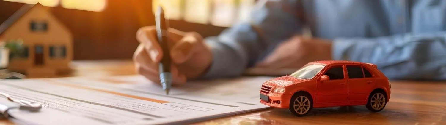 Auto insurance paperwork beside a small red car